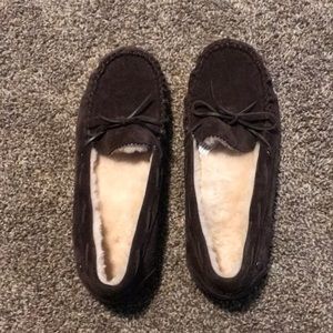 Abeo women’s brown suede leather moccasin slipper.